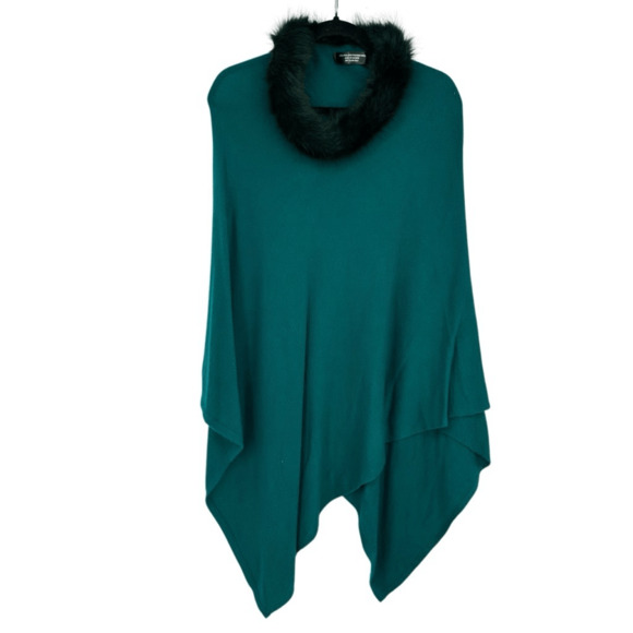 Womens Poncho 100% Himalayan Pashmina Wool Green Fur Collar Asymmetrical Boho - Picture 1 of 7